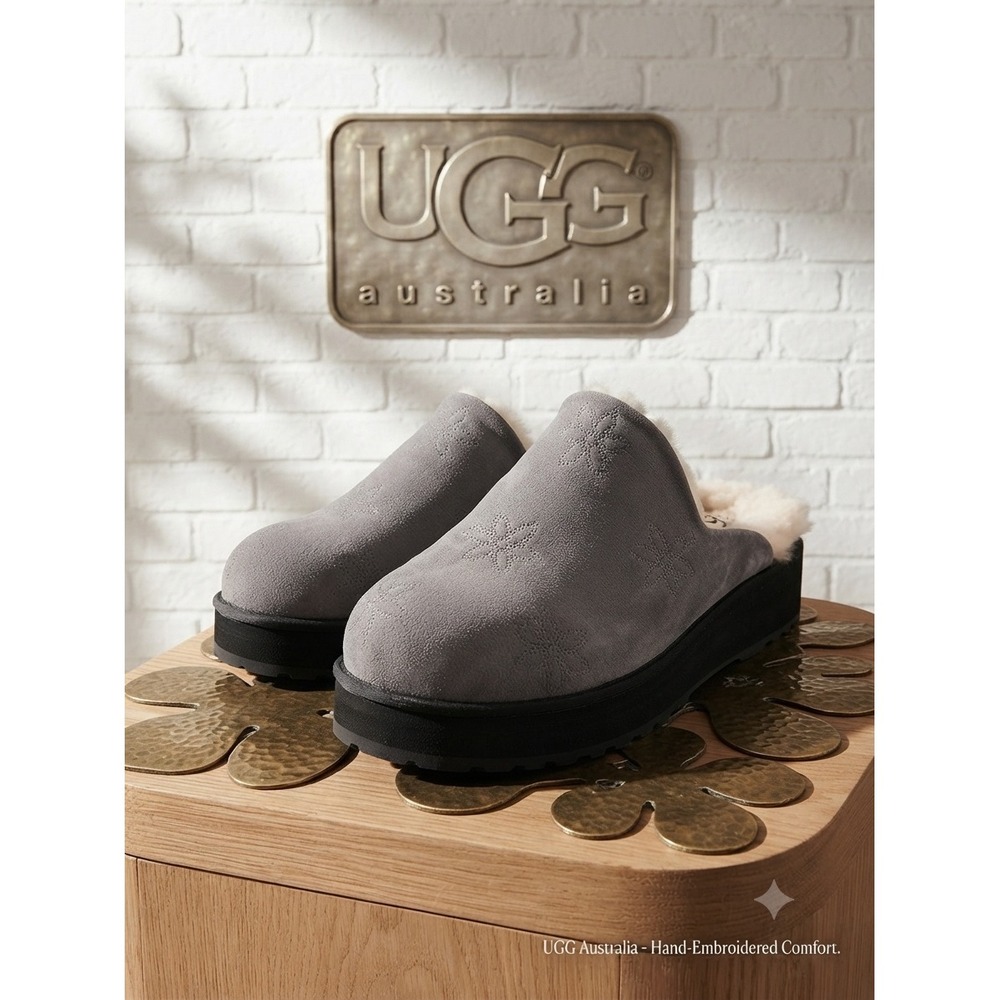 UGG Australia Grey Suede boho Embroidered floral Platform‎ Clogs Sheepskin Mules